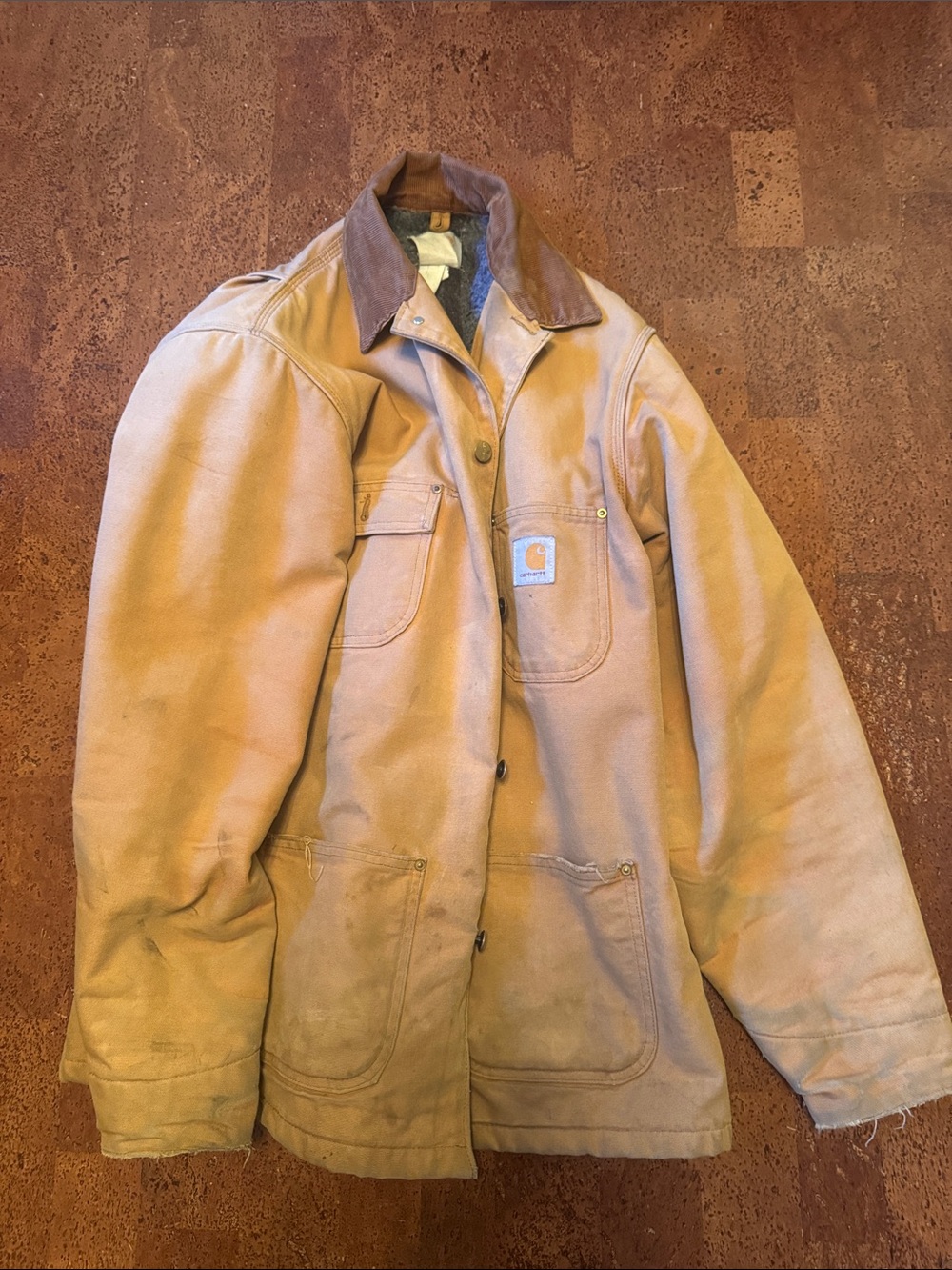 Carhartt Men’s Tan Duck Canvas Work Jacket with Brown Corduroy Collar
